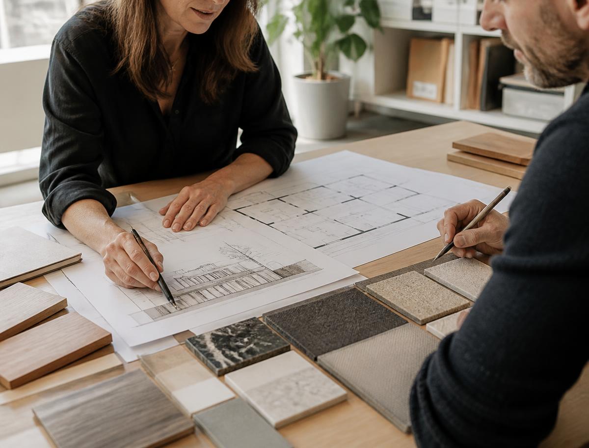 Two team members reviewing floor plans and material samples at a design table