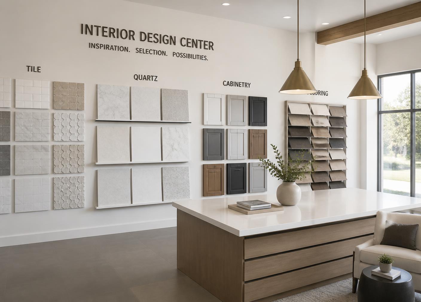 Design center showroom wall with tile, quartz, cabinetry and flooring samples