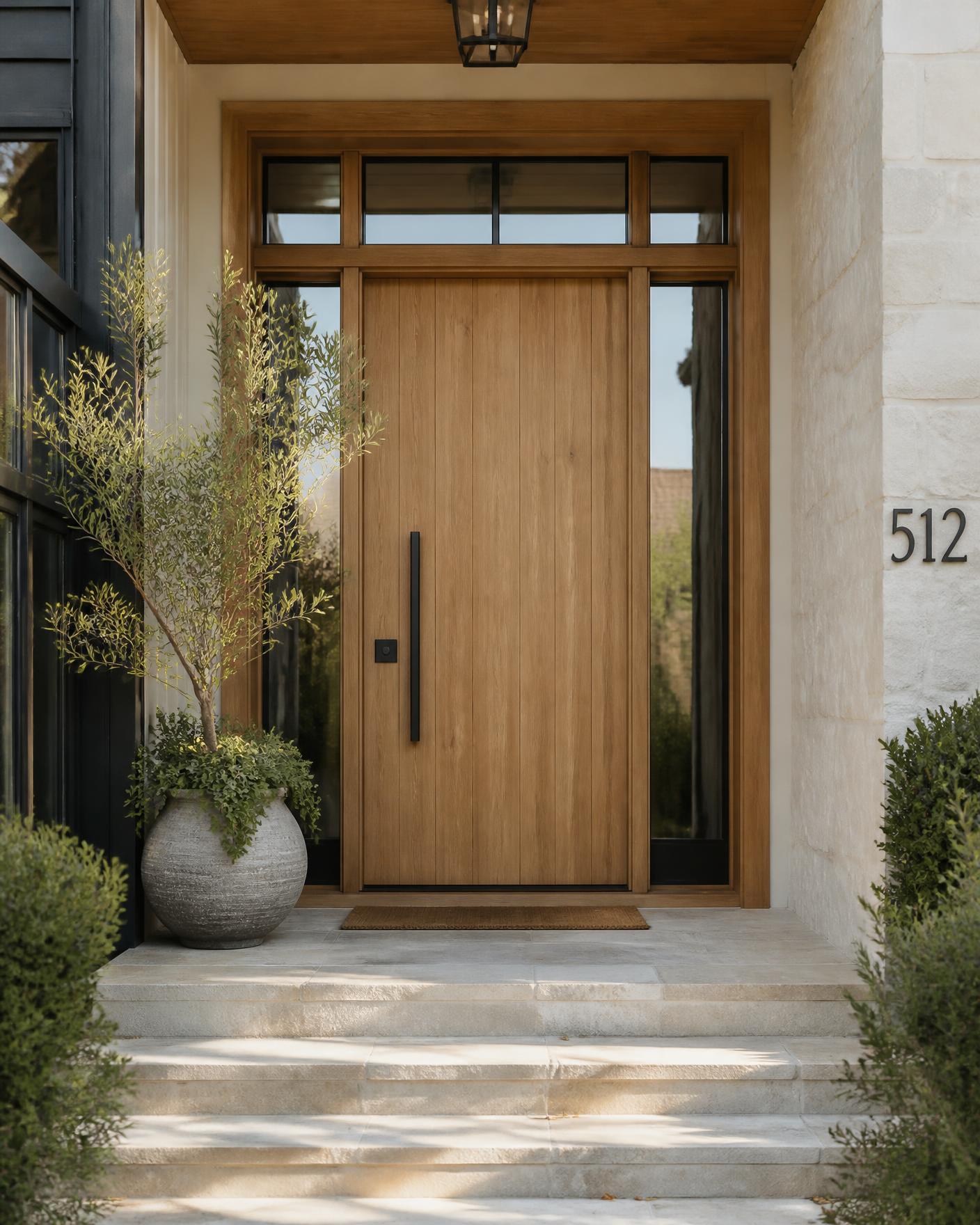 Custom white oak front entry door with black hardware and stone steps