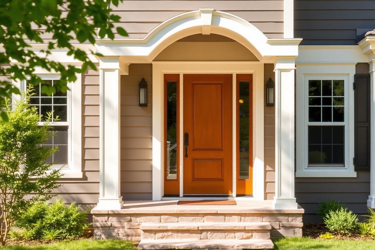 Renovated home front entry with a warm wood door, one glass side light and stone steps