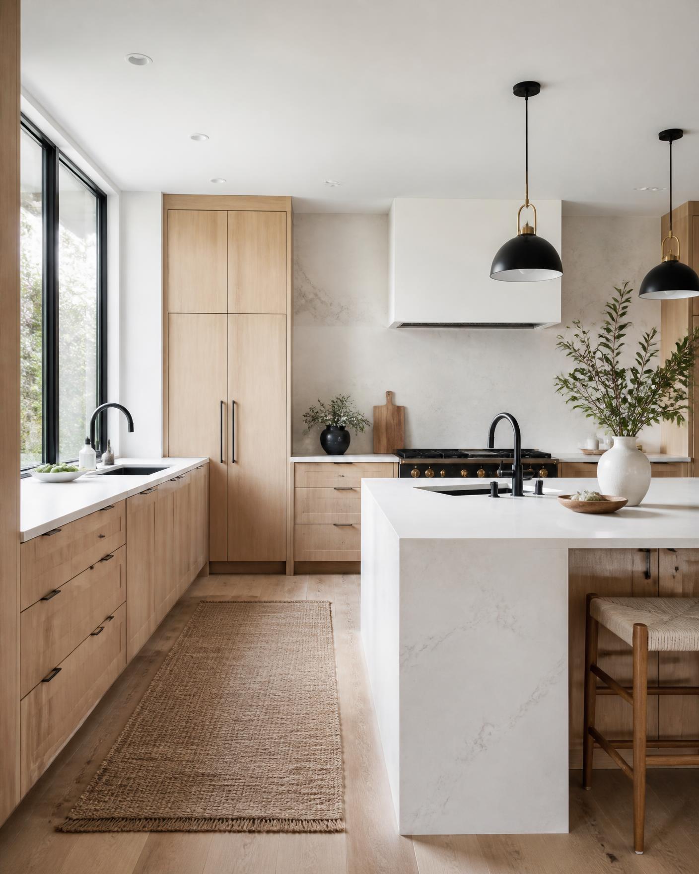 Renovated white oak kitchen with a quartz waterfall island and natural daylight